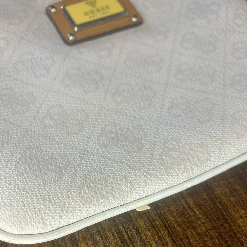 Guess Crossbody Bag Cream Tan Monogram Logo Print Adjustable Strap Slim Purse